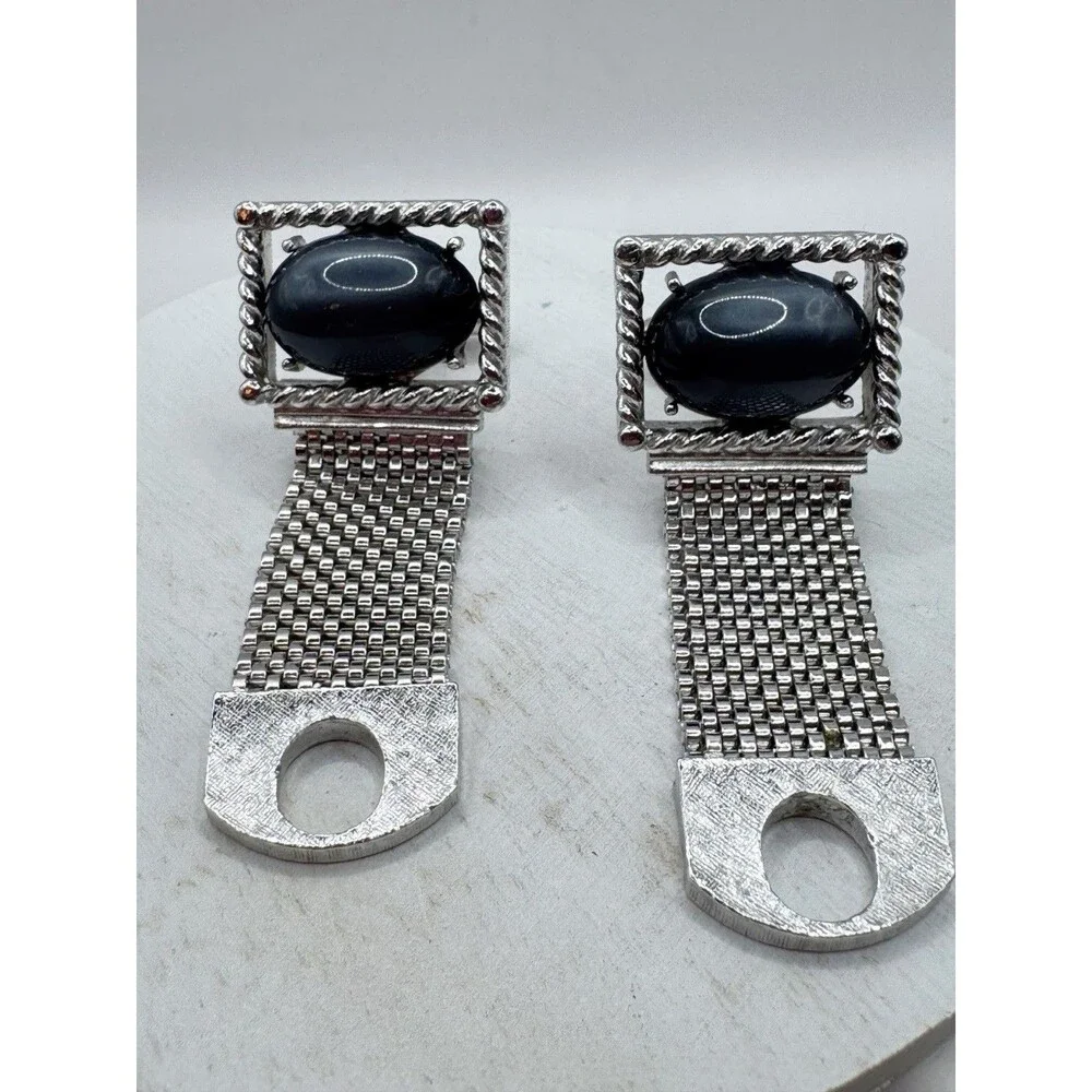 Vtg Swank Silver Tone Rectangular Grey Moonglow Oval Cabochon Mesh Cufflinks
